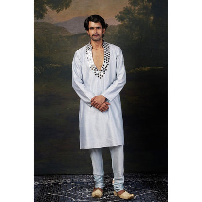 THETAA Men Light Blue Mirror Work Kurta with Churidar