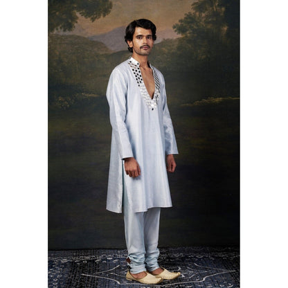THETAA Men Light Blue Mirror Work Kurta with Churidar