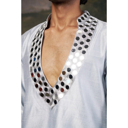 THETAA Men Light Blue Mirror Work Kurta with Churidar