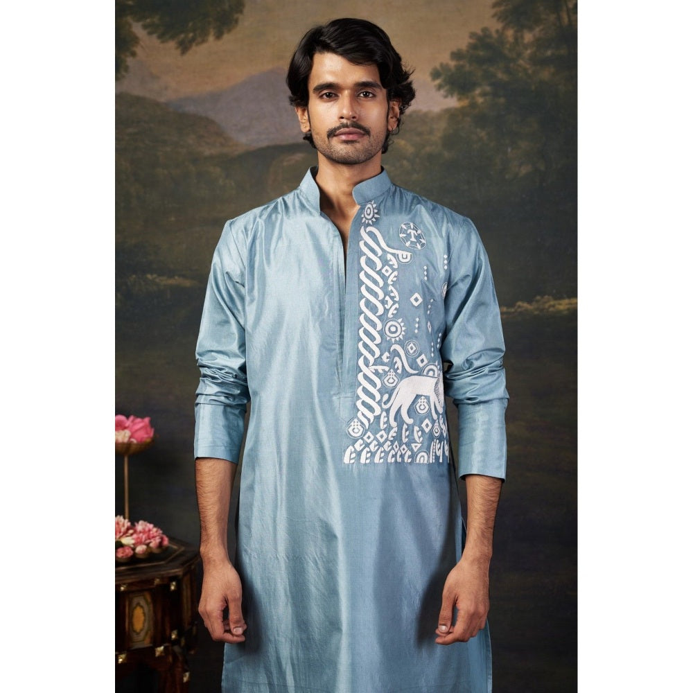 THETAA Men Blue Hand-Embroidered Kurta with Churidar