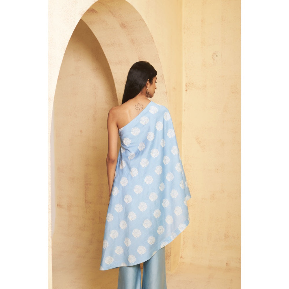 THETAA Womens Blue Mirror Work Off Shoulder Kurti and Palazzo