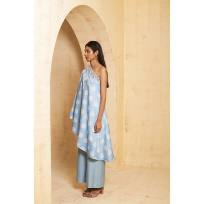 THETAA Womens Blue Mirror Work Off Shoulder Kurti and Palazzo