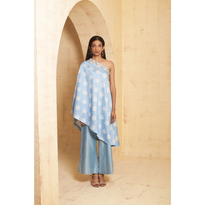 THETAA Womens Blue Mirror Work Off Shoulder Kurti and Palazzo