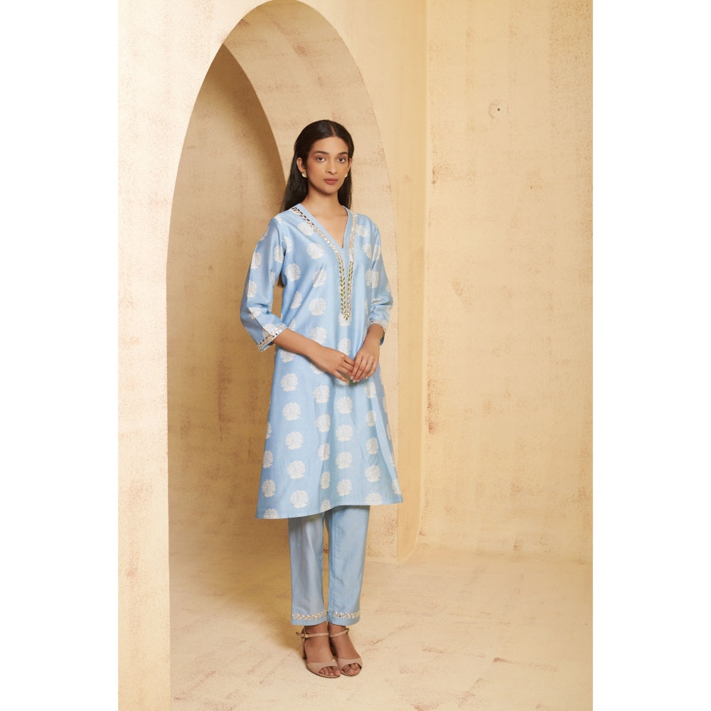 THETAA Womens Blue Floral Print Gota Work Co-Ord Set