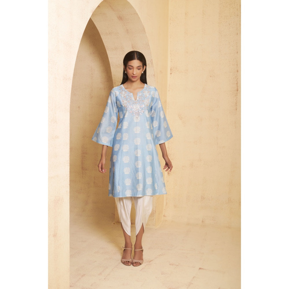 THETAA Womens Blue Floral Print Gota Work Kurta and Dhoti