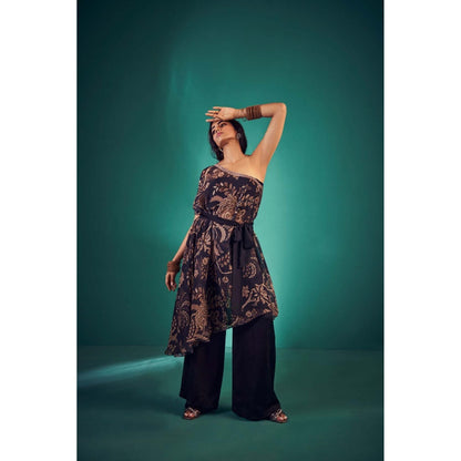 The Clothing Therapy Navy Blue One Shoulder Top with Bustier, Pant and Belt (Set of 3)