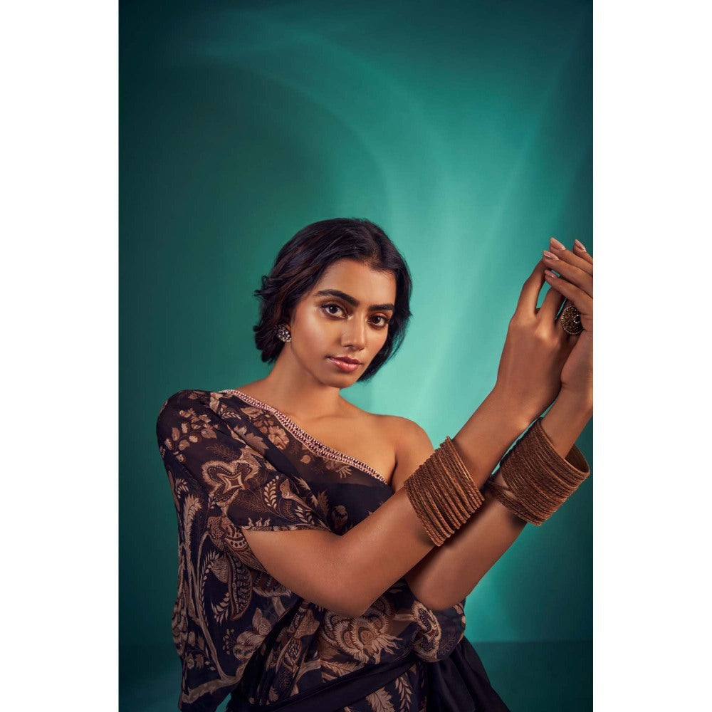 The Clothing Therapy Navy Blue One Shoulder Top with Bustier, Pant and Belt (Set of 3)