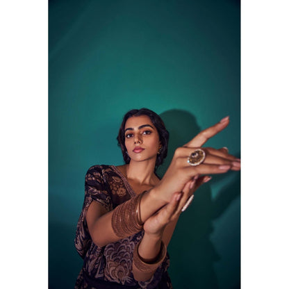 The Clothing Therapy Navy Blue One Shoulder Top with Bustier, Pant and Belt (Set of 3)