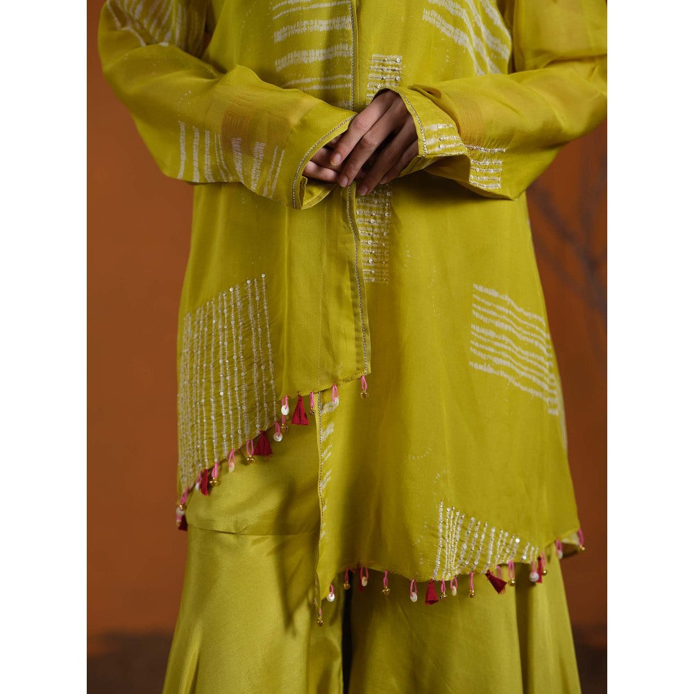 The Clothing Therapy Yellow Lime Green Bustier with Jacket and Sharara (Set of 3)