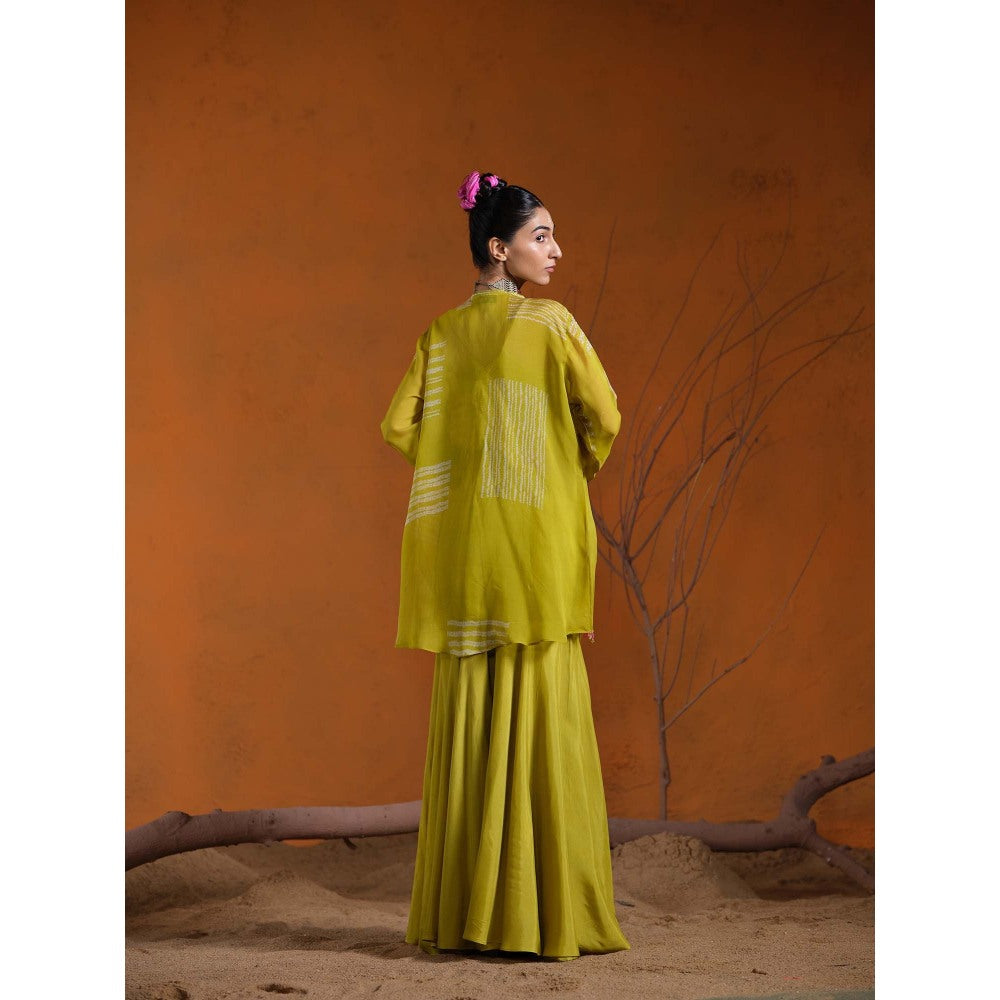 The Clothing Therapy Yellow Lime Green Bustier with Jacket and Sharara (Set of 3)