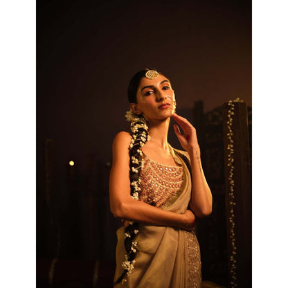 The Clothing Therapy Blush Gold Drape Saree with Stitched Blouse