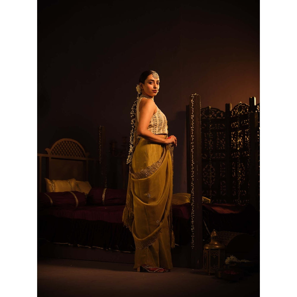 The Clothing Therapy Green Palazzo with Attached Draped and Bustier (Set of 2)