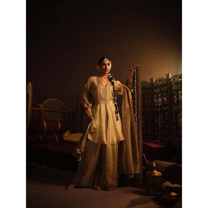 The Clothing Therapy Cream Peplum Top with Flared Pant and Dupatta (Set of 3)