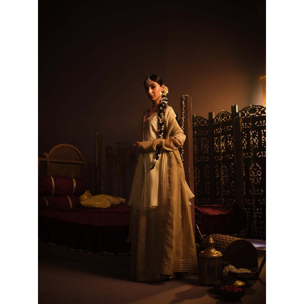 The Clothing Therapy Cream Peplum Top with Flared Pant and Dupatta (Set of 3)