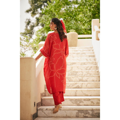 The Clothing Therapy Tomato Red Bandhani Print Kurta with Bustier and Pant