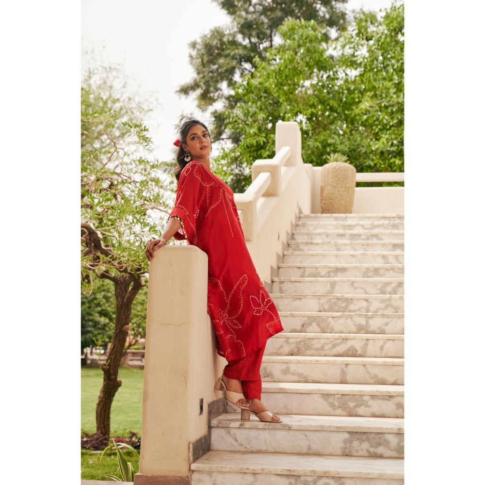 The Clothing Therapy Tomato Red Bandhani Print Kurta with Bustier and Pant