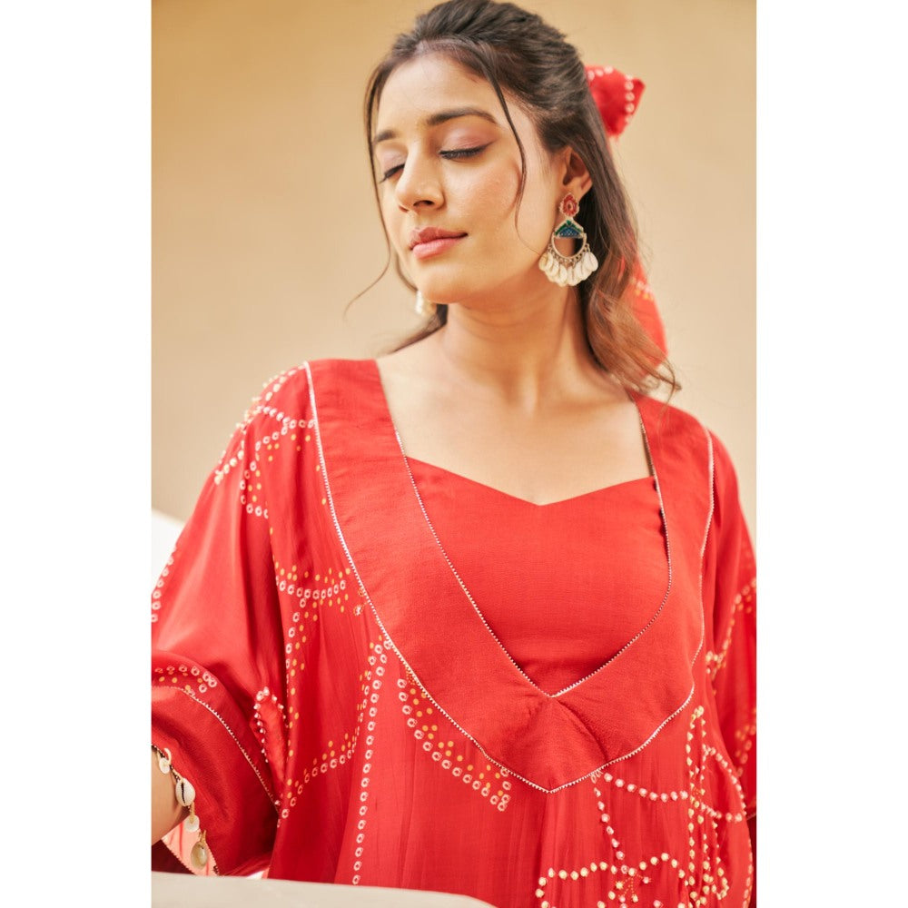 The Clothing Therapy Tomato Red Bandhani Print Kurta with Bustier and Pant