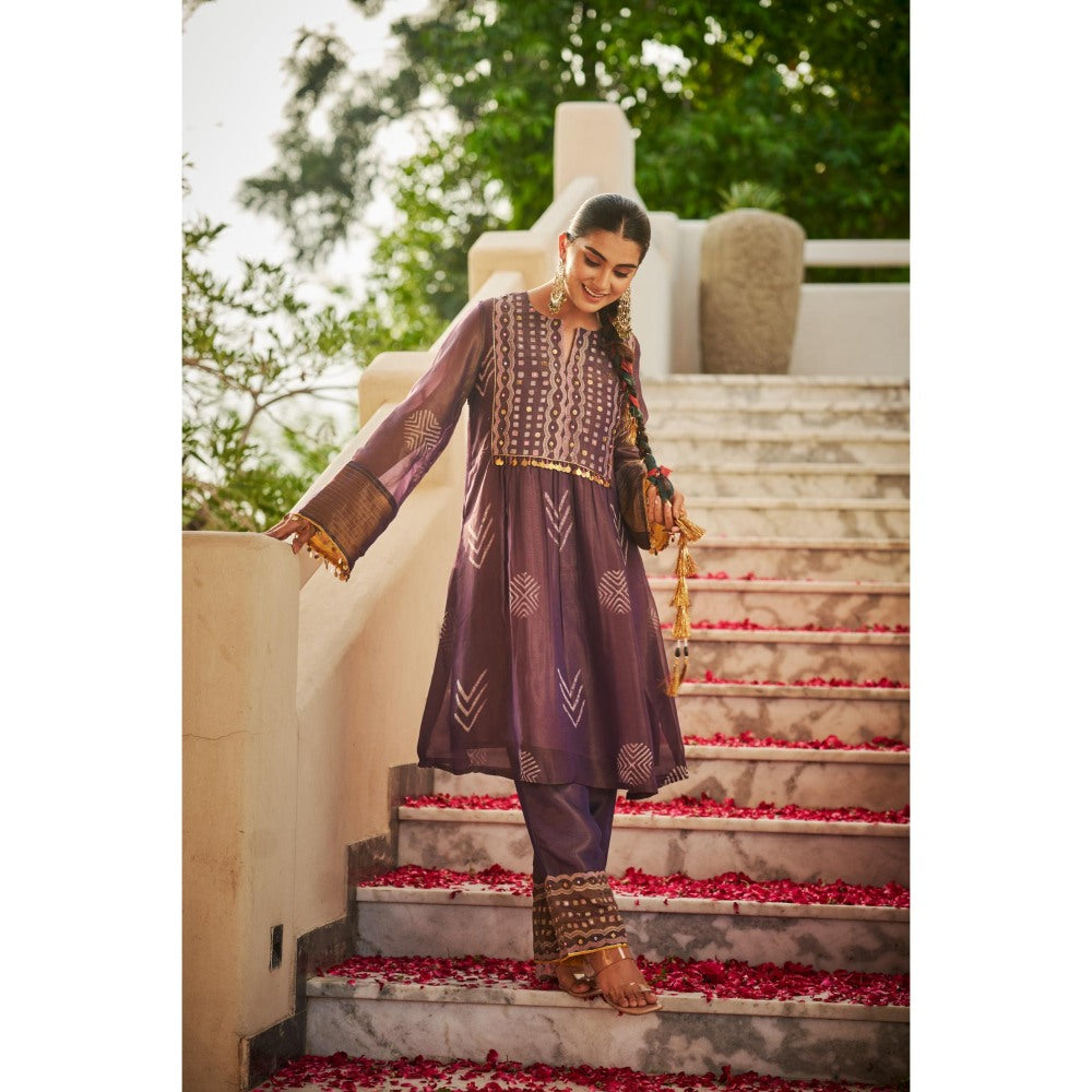 The Clothing Therapy Deep Purple Square Yoke Circular Cut Kurta with Pant
