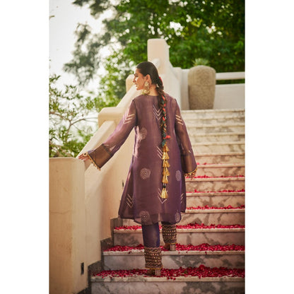 The Clothing Therapy Deep Purple Square Yoke Circular Cut Kurta with Pant