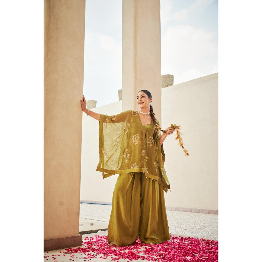 The Clothing Therapy Lime Green Pleated Bustier with Palazzo and Kaftan