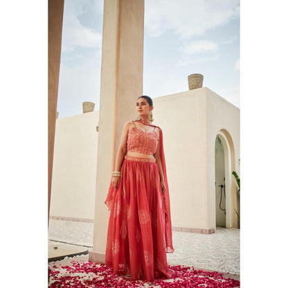 The Clothing Therapy Cherry Red Blouse with Lehenga and Choker Dupatta