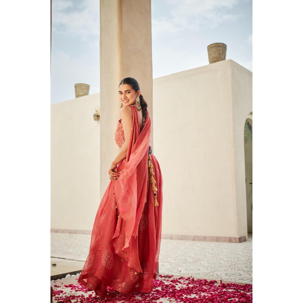 The Clothing Therapy Cherry Red Blouse with Lehenga and Choker Dupatta