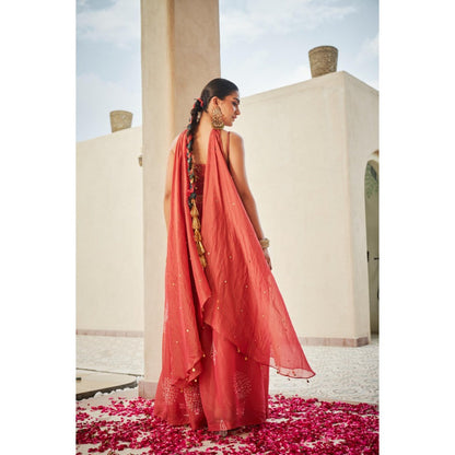 The Clothing Therapy Cherry Red Blouse with Lehenga and Choker Dupatta