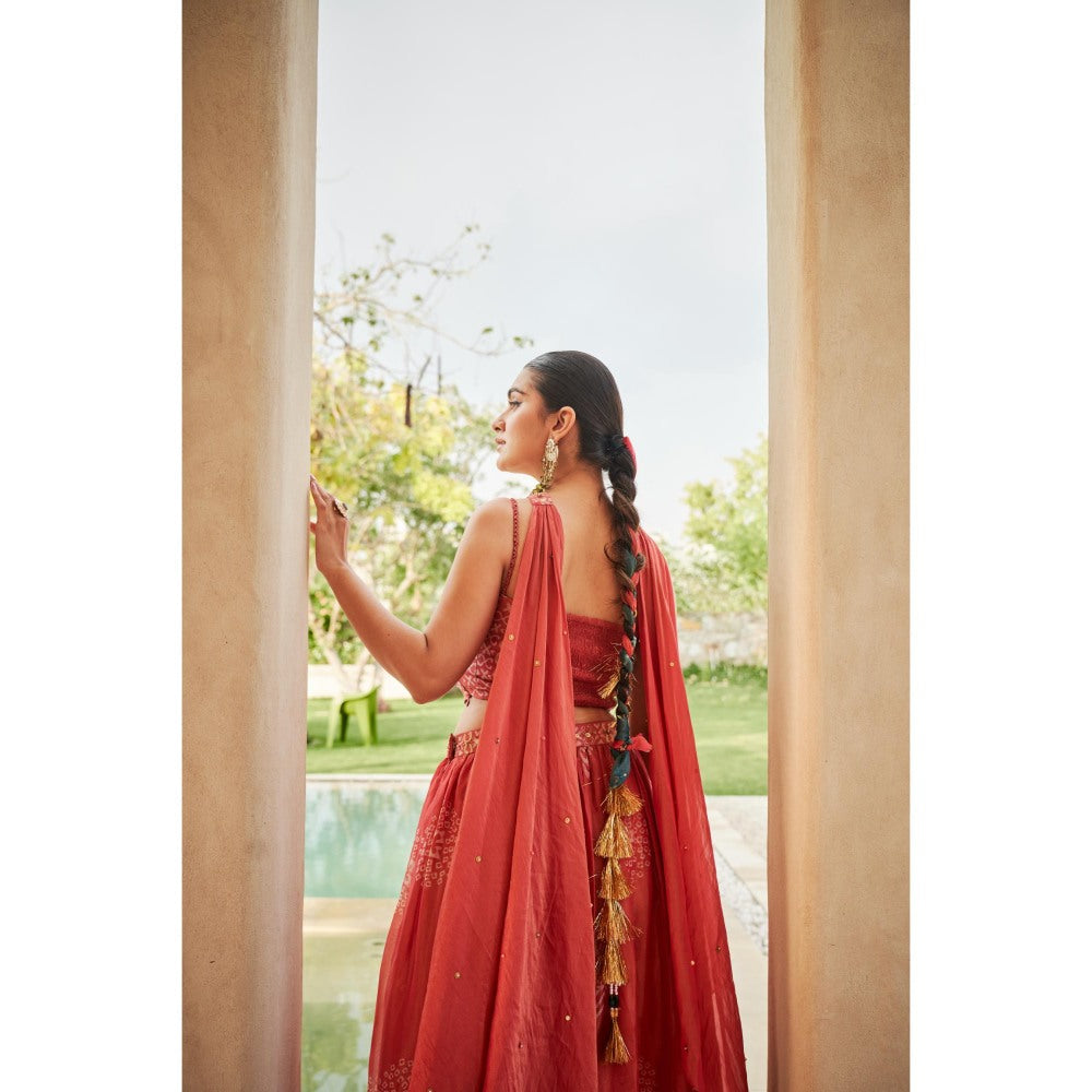 The Clothing Therapy Cherry Red Blouse with Lehenga and Choker Dupatta
