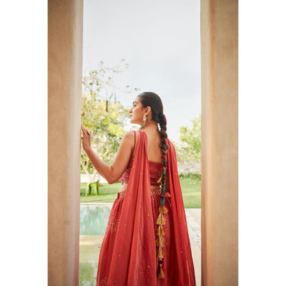 The Clothing Therapy Cherry Red Blouse with Lehenga and Choker Dupatta