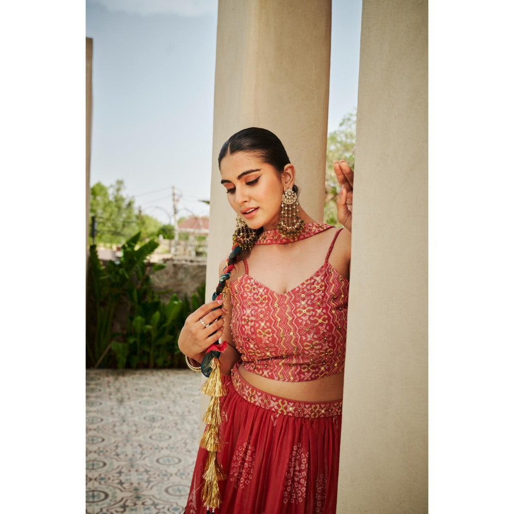 The Clothing Therapy Cherry Red Blouse with Lehenga and Choker Dupatta