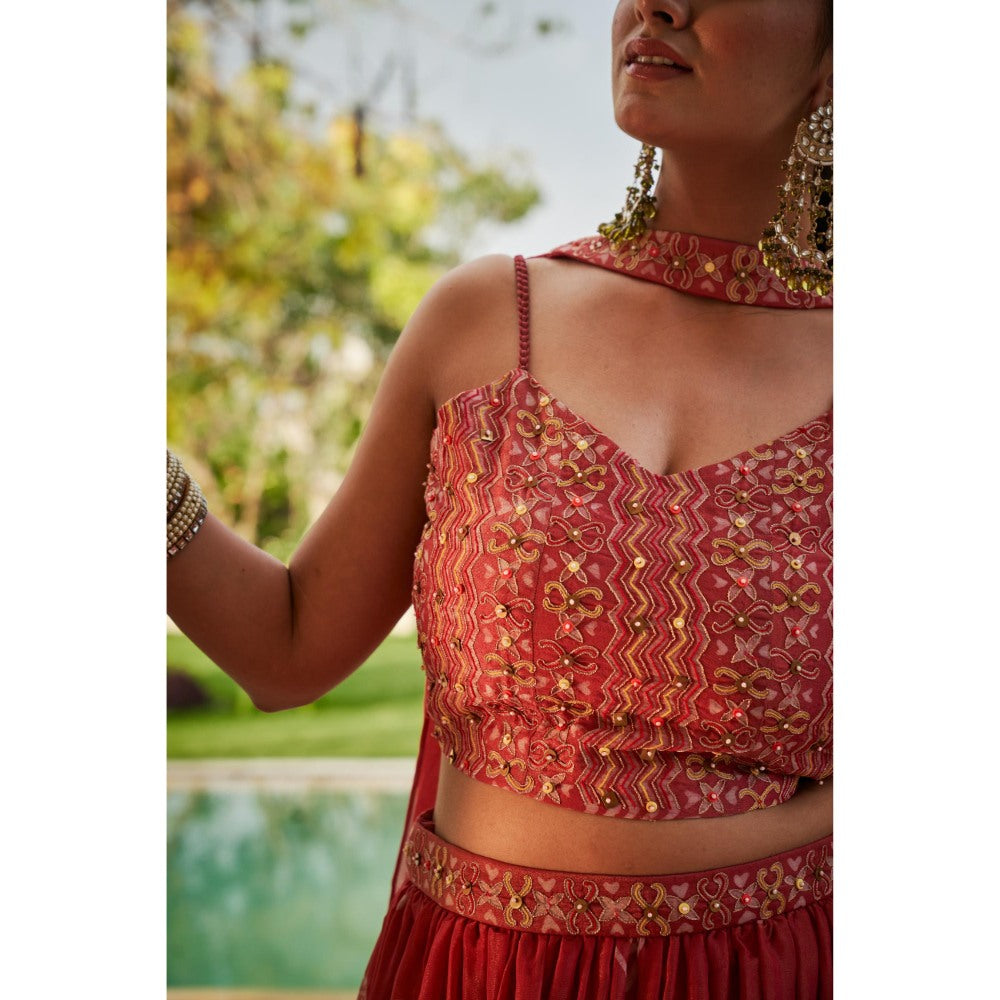 The Clothing Therapy Cherry Red Blouse with Lehenga and Choker Dupatta