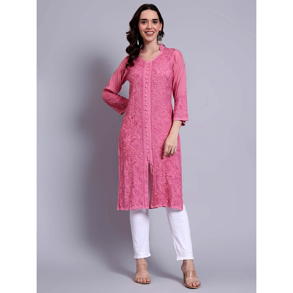 The Chikan Label Womens Muslin Authentic Chikankari Hand-Embroidered Kurta - Pink