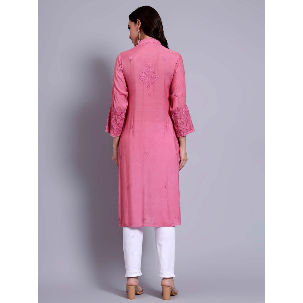 The Chikan Label Womens Muslin Authentic Chikankari Hand-Embroidered Kurta - Pink