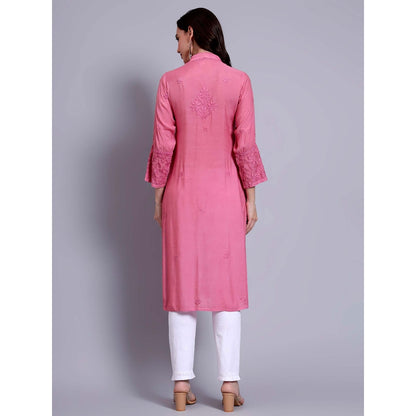 The Chikan Label Womens Muslin Authentic Chikankari Hand-Embroidered Kurta - Pink