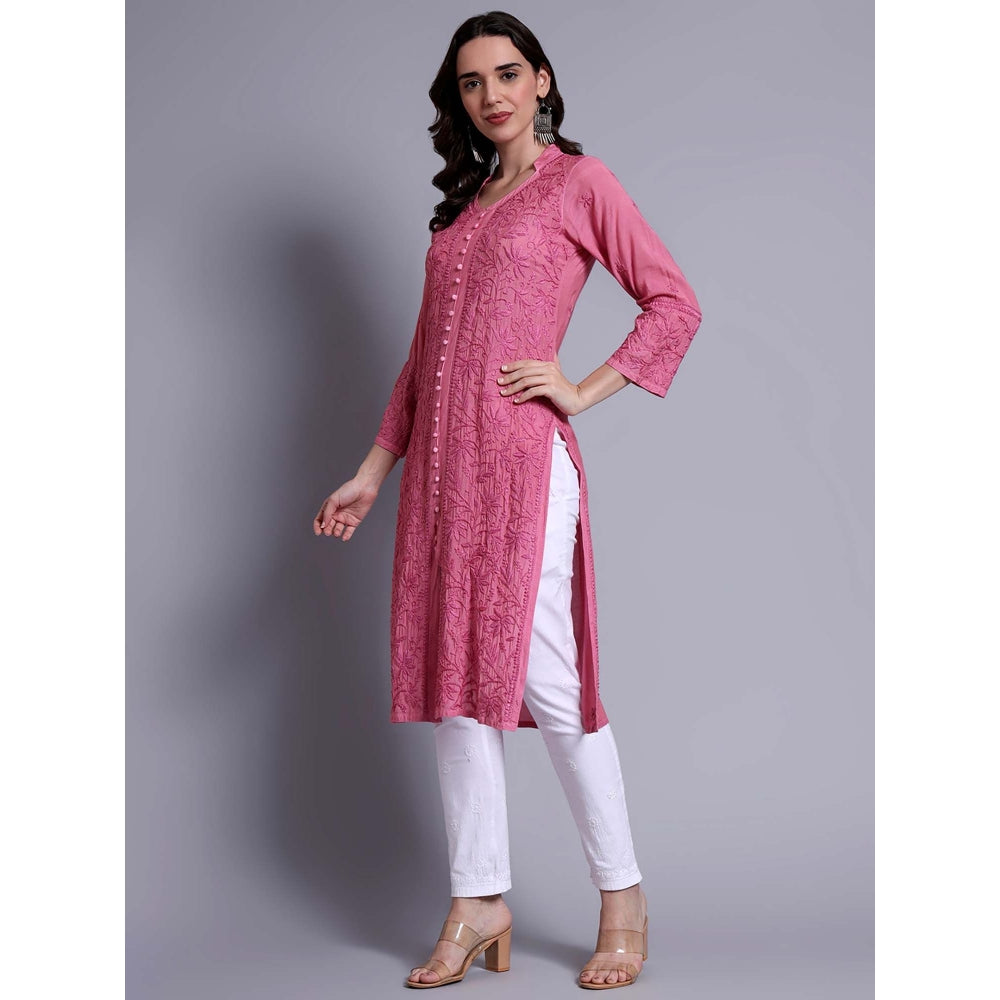 The Chikan Label Womens Muslin Authentic Chikankari Hand-Embroidered Kurta - Pink