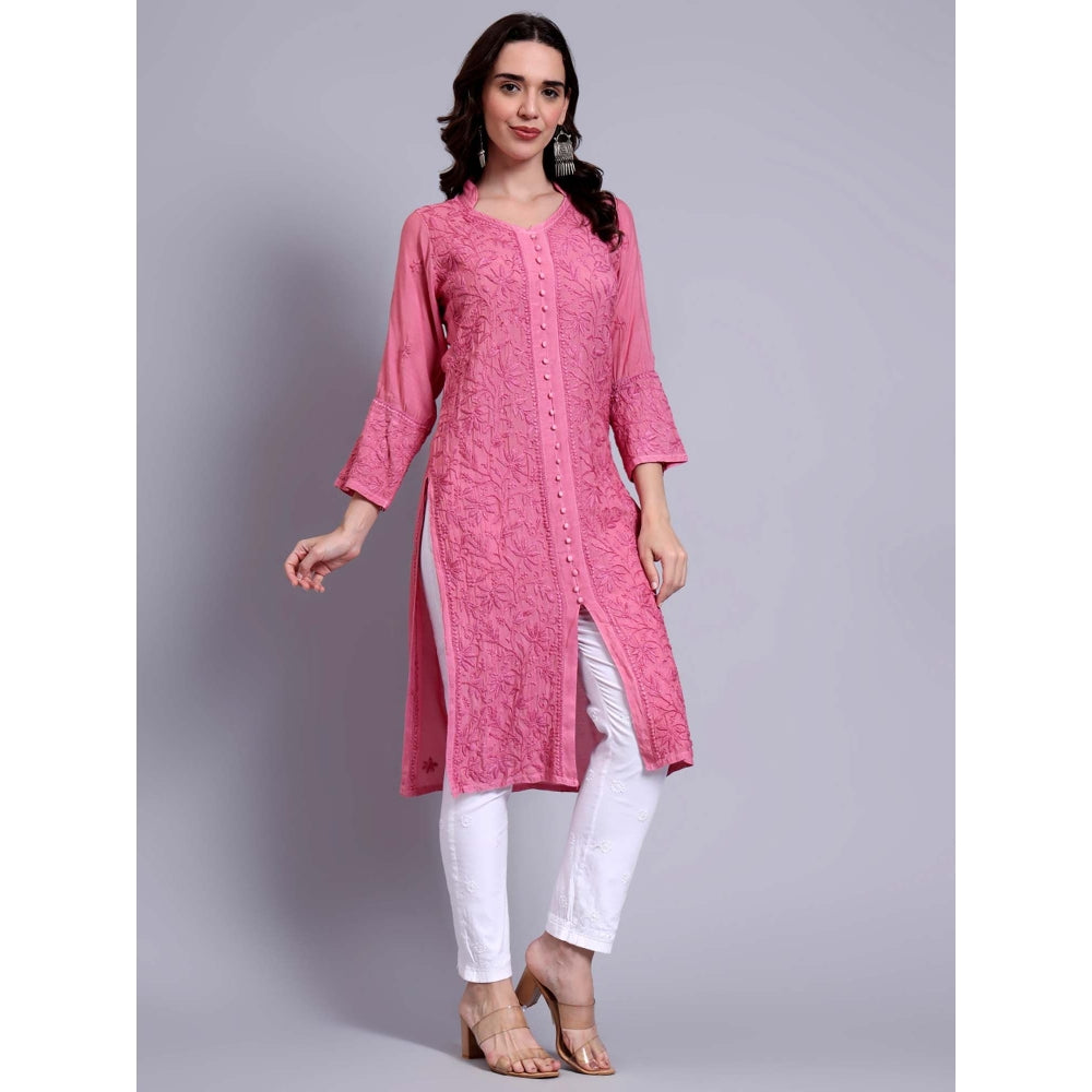 The Chikan Label Womens Muslin Authentic Chikankari Hand-Embroidered Kurta - Pink