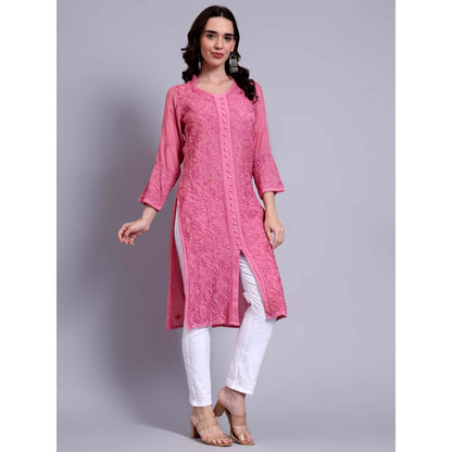 The Chikan Label Womens Muslin Authentic Chikankari Hand-Embroidered Kurta - Pink