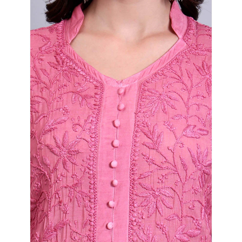 The Chikan Label Womens Muslin Authentic Chikankari Hand-Embroidered Kurta - Pink