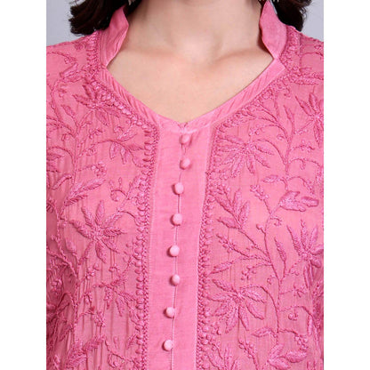 The Chikan Label Womens Muslin Authentic Chikankari Hand-Embroidered Kurta - Pink
