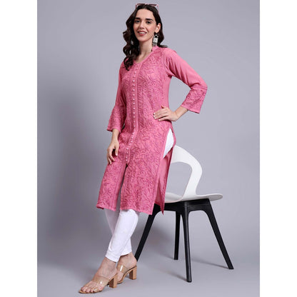The Chikan Label Womens Muslin Authentic Chikankari Hand-Embroidered Kurta - Pink