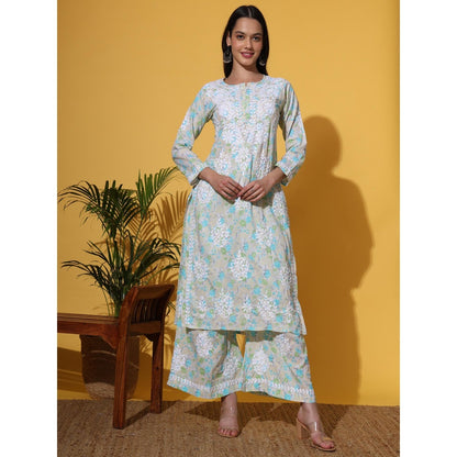 The Chikan Label Green Women's Mulmul Chikankari Co-Ord Set