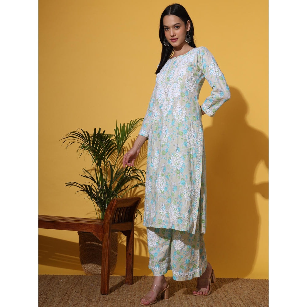 The Chikan Label Green Women's Mulmul Chikankari Co-Ord Set