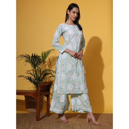 The Chikan Label Green Women's Mulmul Chikankari Co-Ord Set