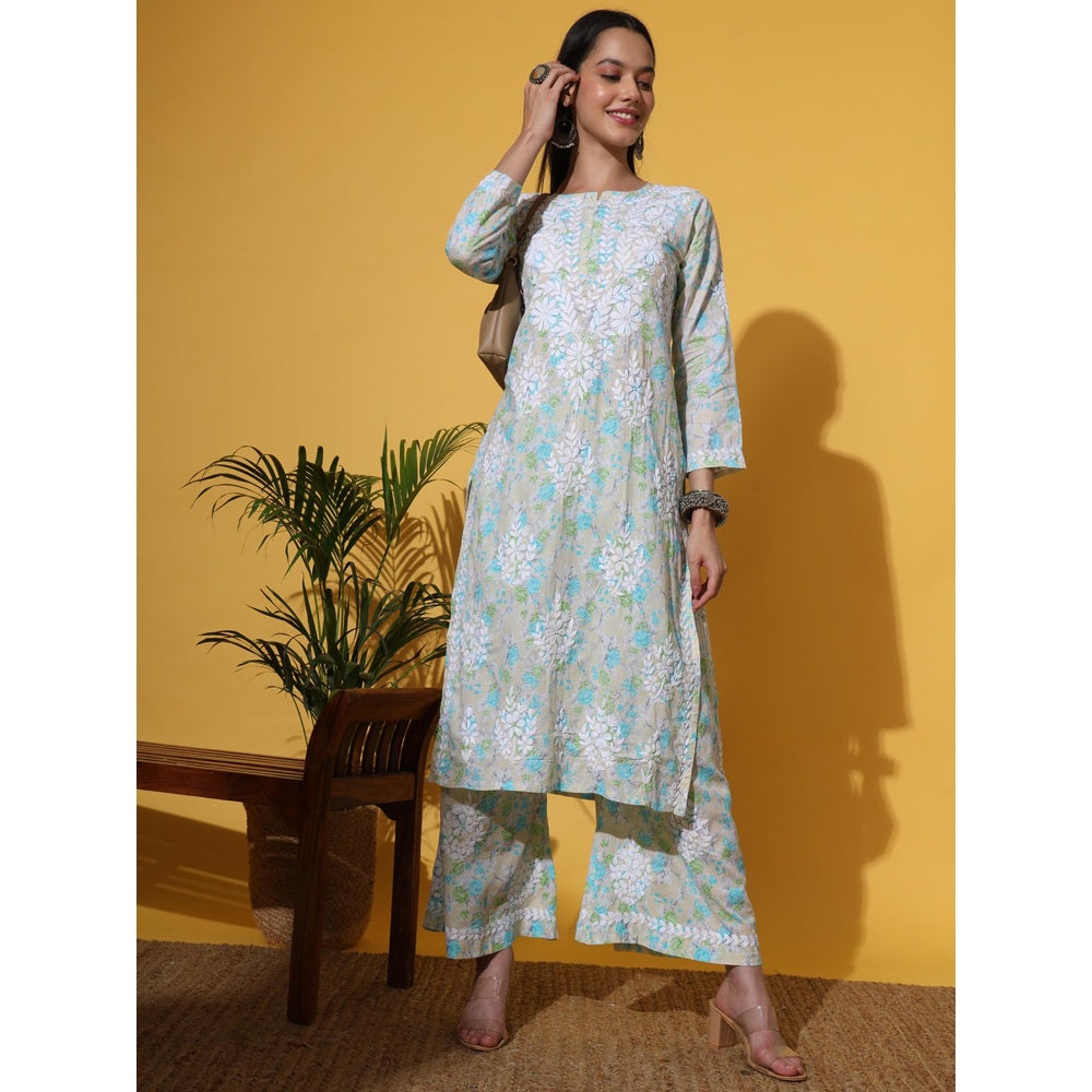 The Chikan Label Green Women's Mulmul Chikankari Co-Ord Set