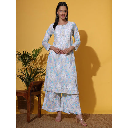 The Chikan Label Blue Women's Mulmul Chikankari Co-Ord Set