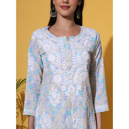 The Chikan Label Blue Women's Mulmul Chikankari Co-Ord Set