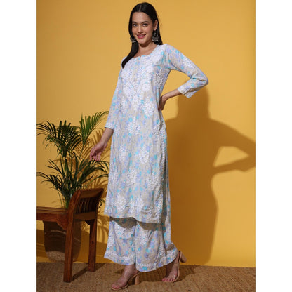 The Chikan Label Blue Women's Mulmul Chikankari Co-Ord Set