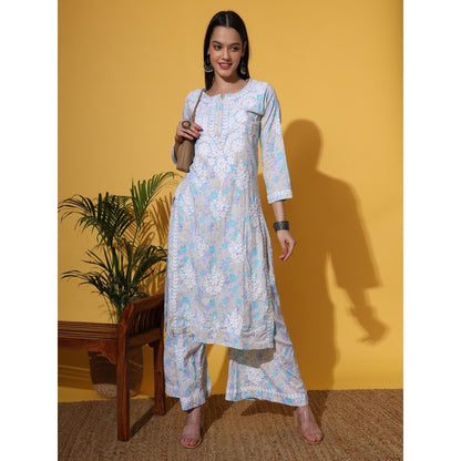 The Chikan Label Blue Women's Mulmul Chikankari Co-Ord Set