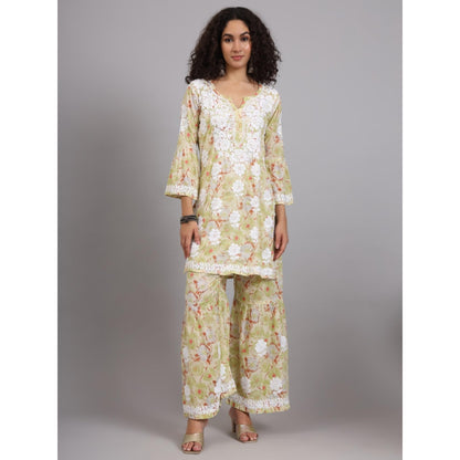 The Chikan Label Green Women's Mulmul Chikankari Co-Ord Set