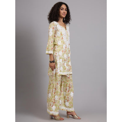 The Chikan Label Green Women's Mulmul Chikankari Co-Ord Set